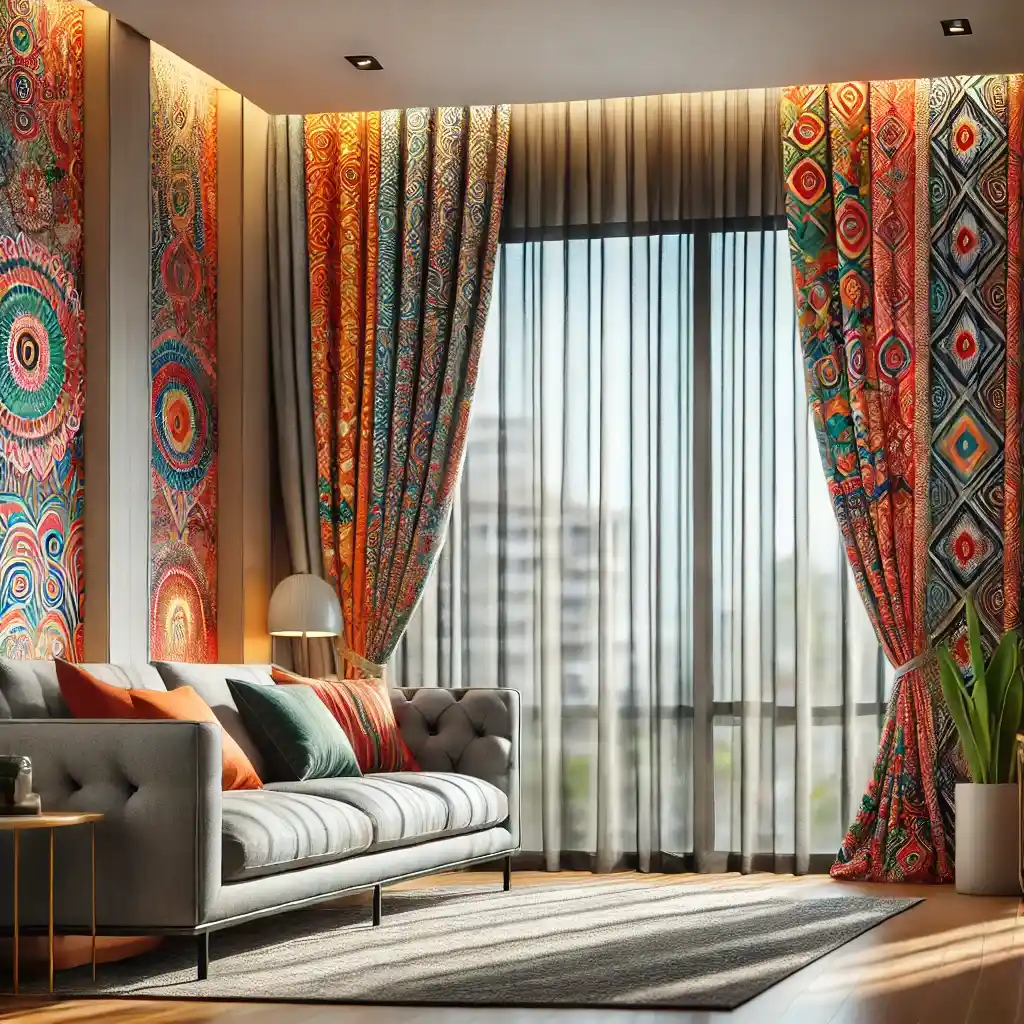 پرده رنگی با مبل طوسی