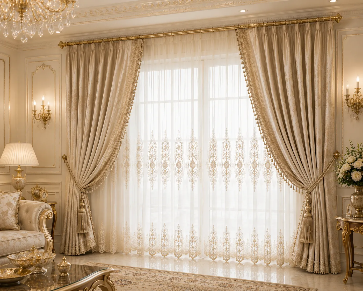 ترکیب حریر و مخمل در پرده پذیرایی کلاسیک
