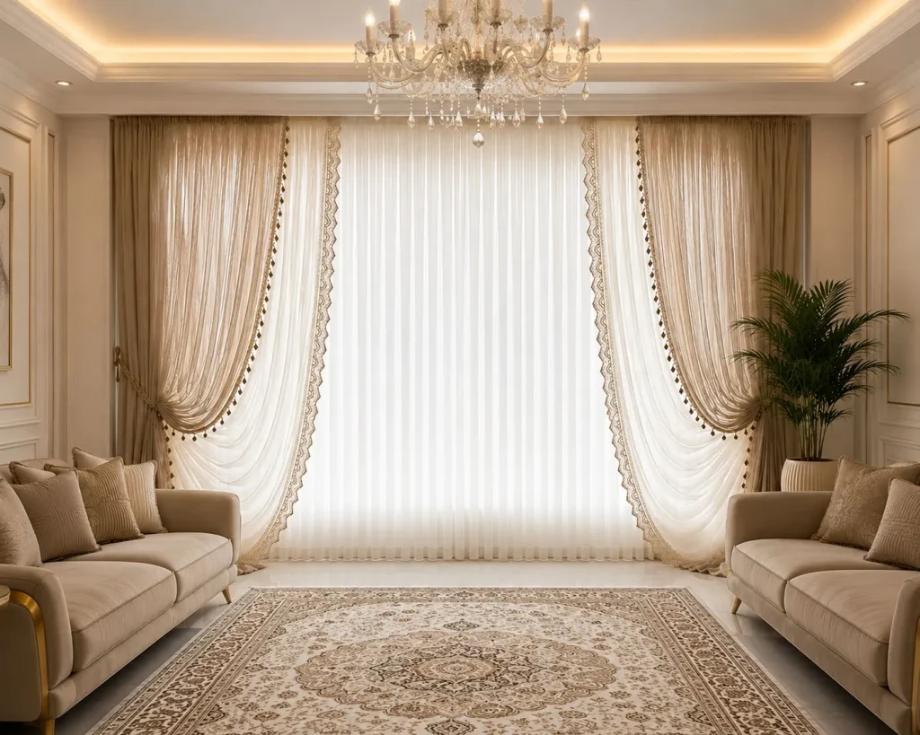 پرده پذیرایی ترکیبی تور ساده، تور حاشیه‌دار و تور رنگی