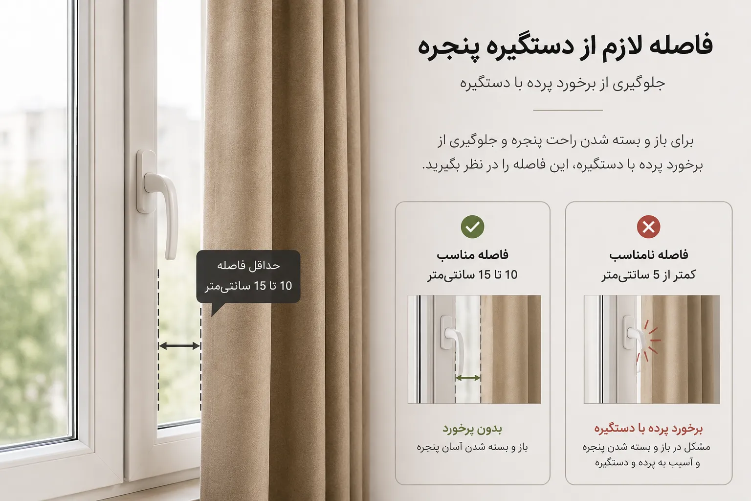 فاصله لازم پرده از دستگیره پنجره
